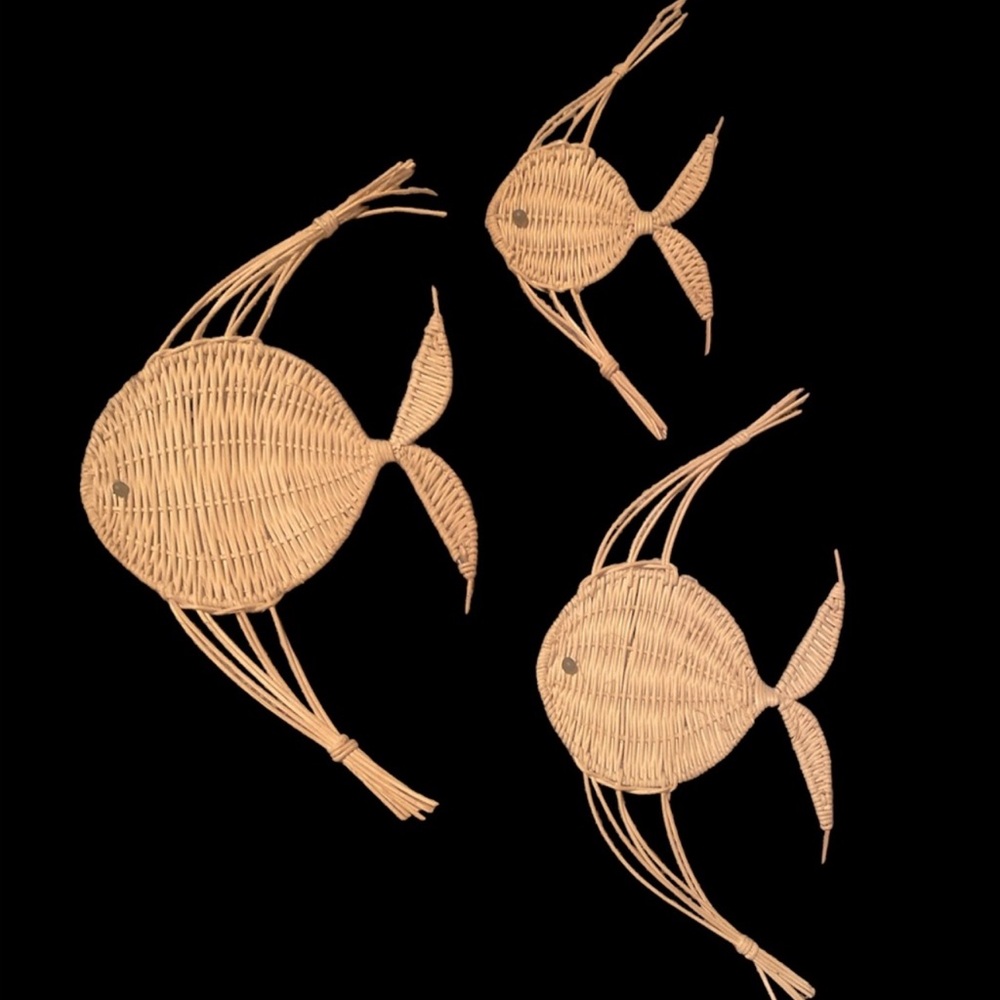 Vintage Boho Wicker Rattan Fish Wall Hanging Set of 3